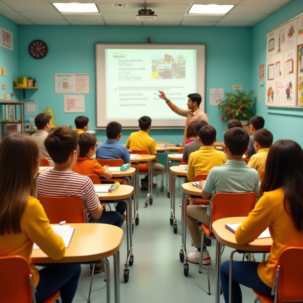 Estudiantes participando en una clase interactiva de inglés